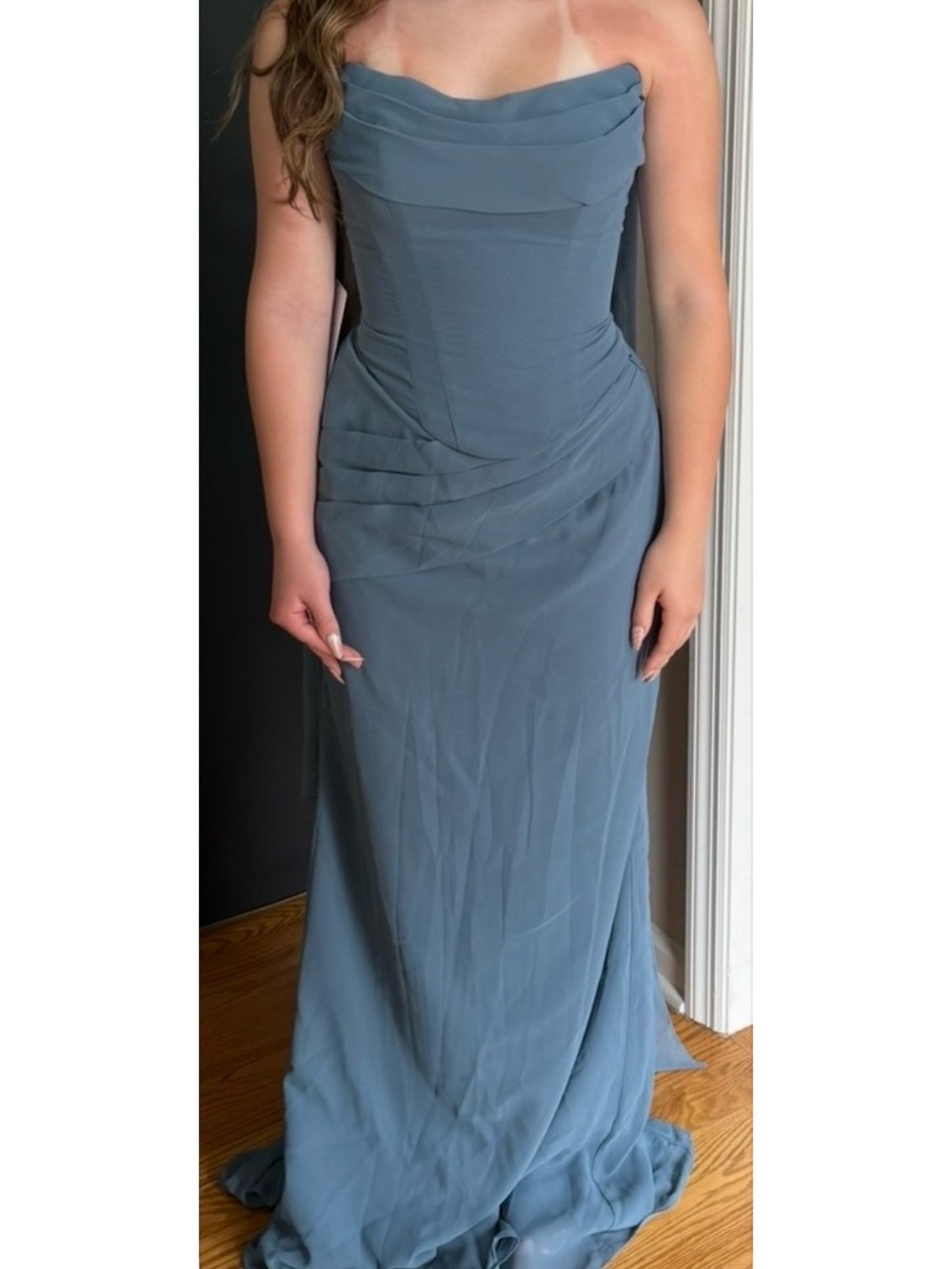 Azazie Slate Blue Strapless Chiffon Gown